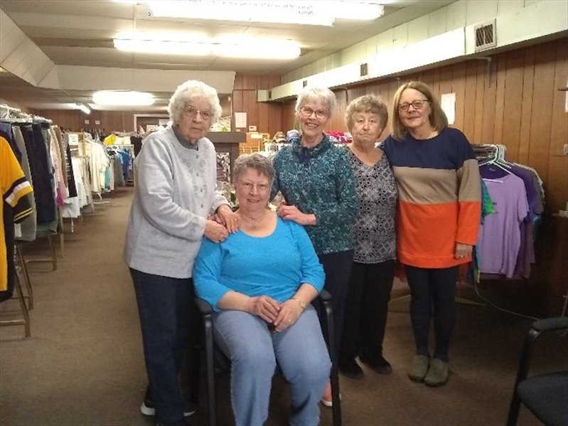 April is National Volunteer Month and how better to kick-off the celebration of volunteering than with the Valley Thrift Shop Volunteers.  (L to R:) Judy Jacklin, Carol Morgan (sitting), Debbie Silvis, Virginia Young, and Phyllis Hollobaugh.